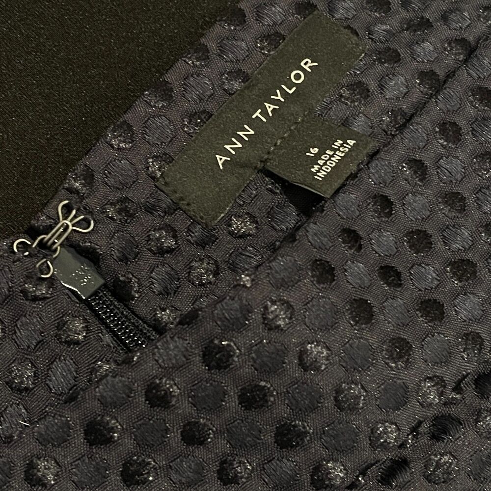 ~ Ann Taylor 16 Black Jacquard Pleated A-Line Full Skirt Polka Dot texture ~